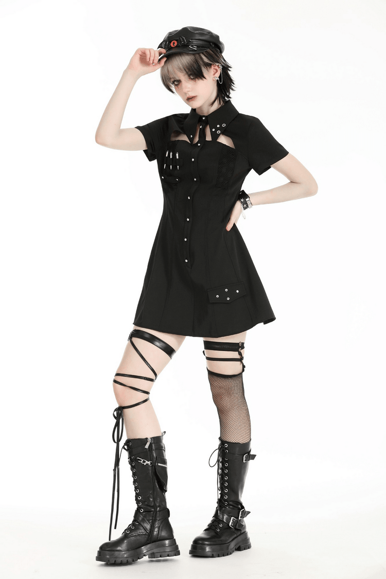 Gothic Black Mini Dress with Metal Studded Details - image 11