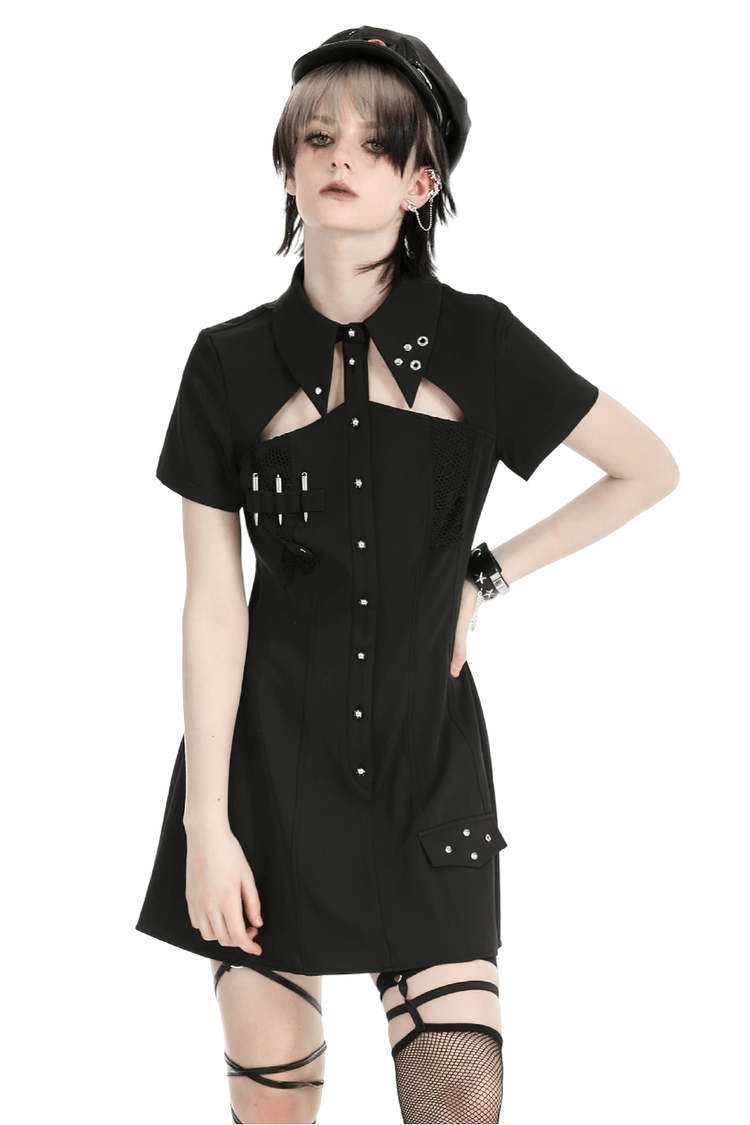 Gothic Black Mini Dress with Metal Studded Details - image 1