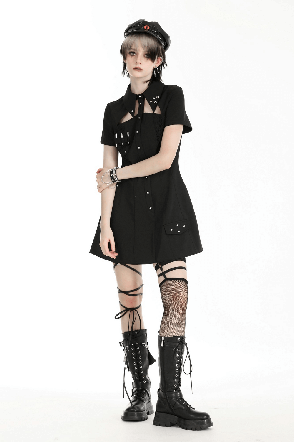 Gothic Black Mini Dress with Metal Studded Details - image 12