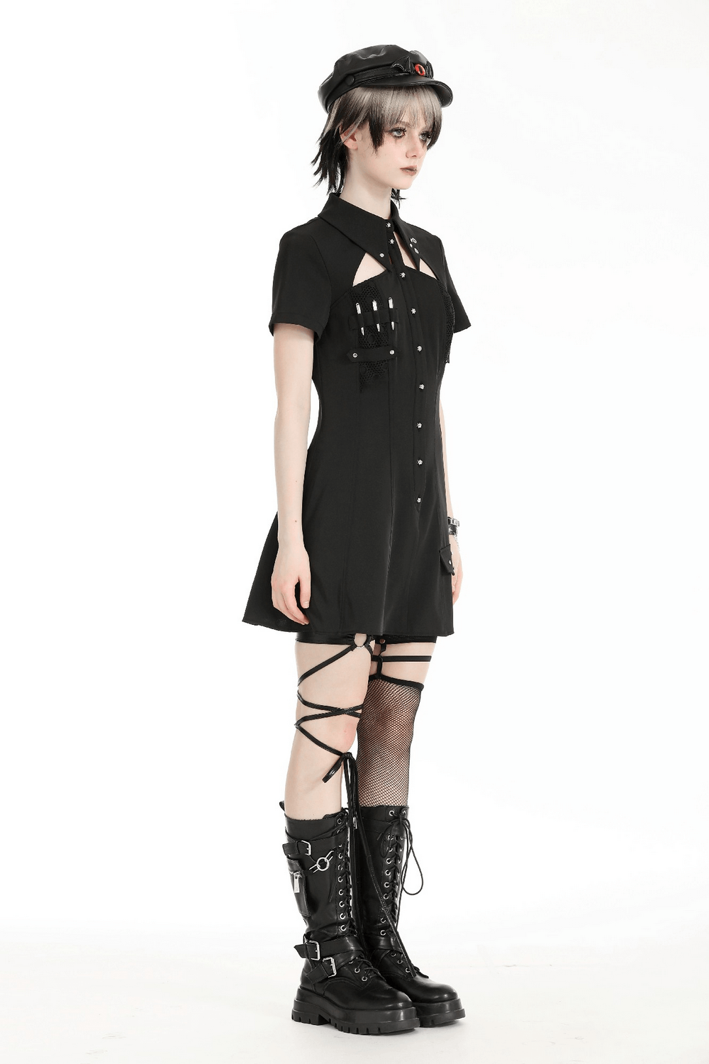 Gothic Black Mini Dress with Metal Studded Details - image 13