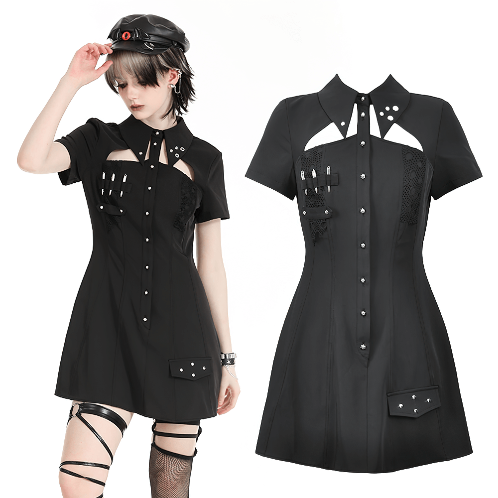 Gothic Black Mini Dress with Metal Studded Details - image 3