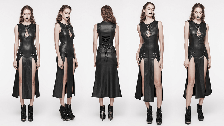 Gothic Black Patent Leather Dress with Double Slits - image 16