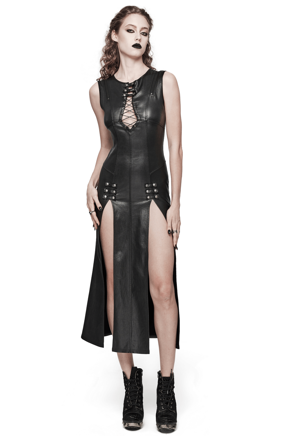 Gothic Black Patent Leather Dress with Double Slits - image 1