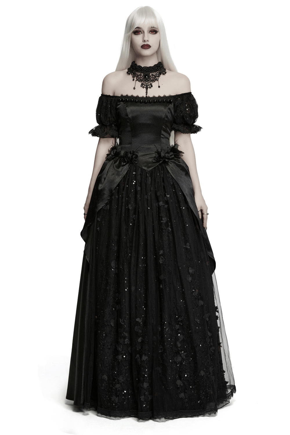 Gothic Black Rose Satin Lace Maxi Evening Dress - image 1
