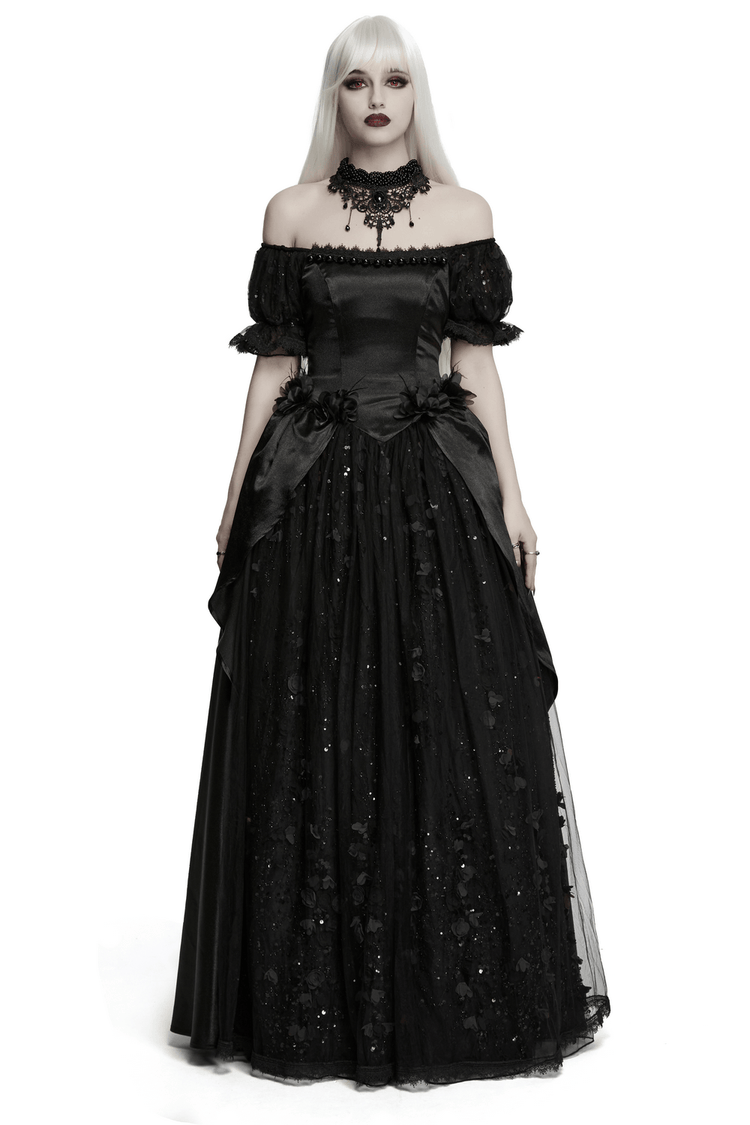 Gothic Black Rose Satin Lace Maxi Evening Dress - image 1