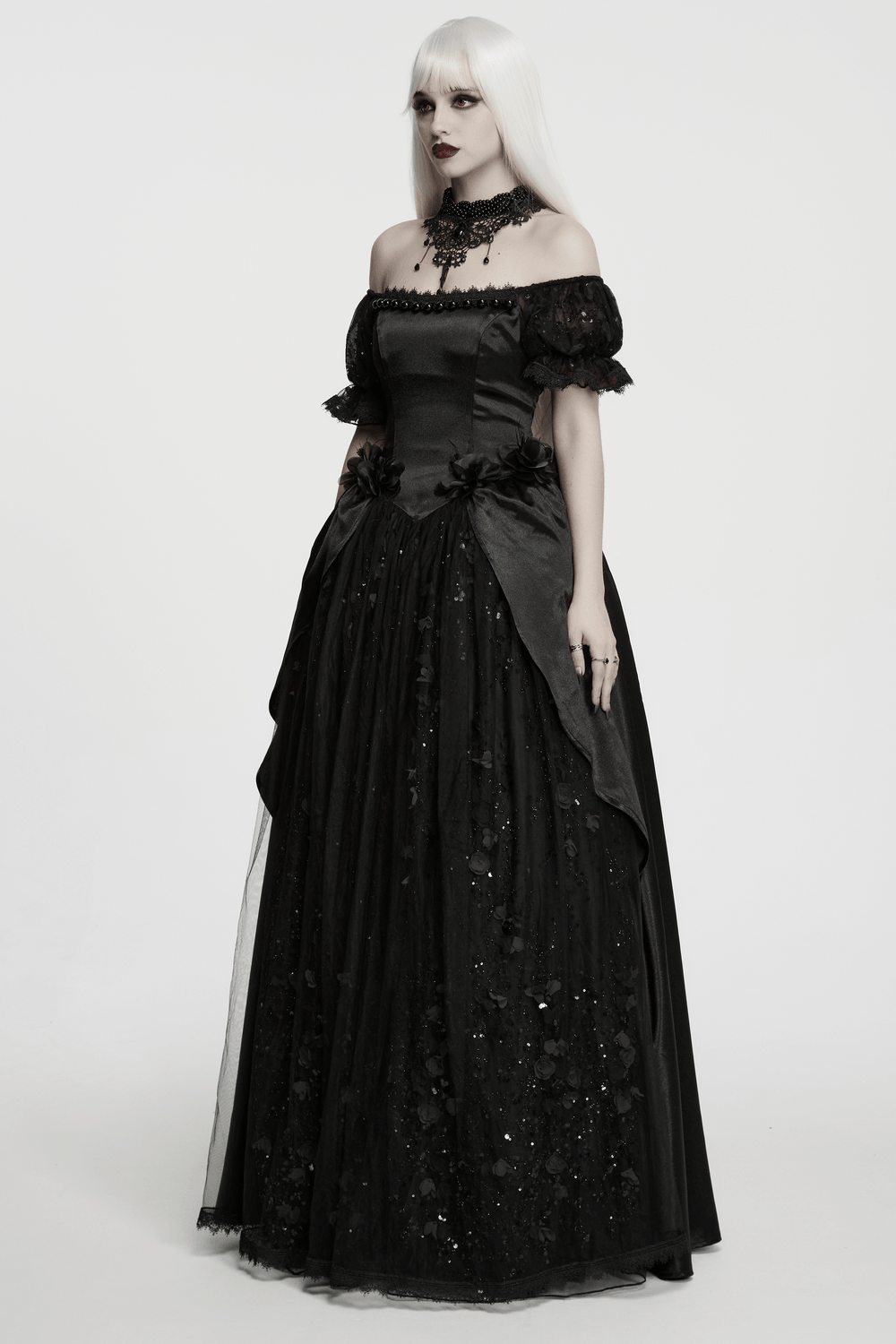 Gothic Black Rose Satin Lace Maxi Evening Dress - image 12