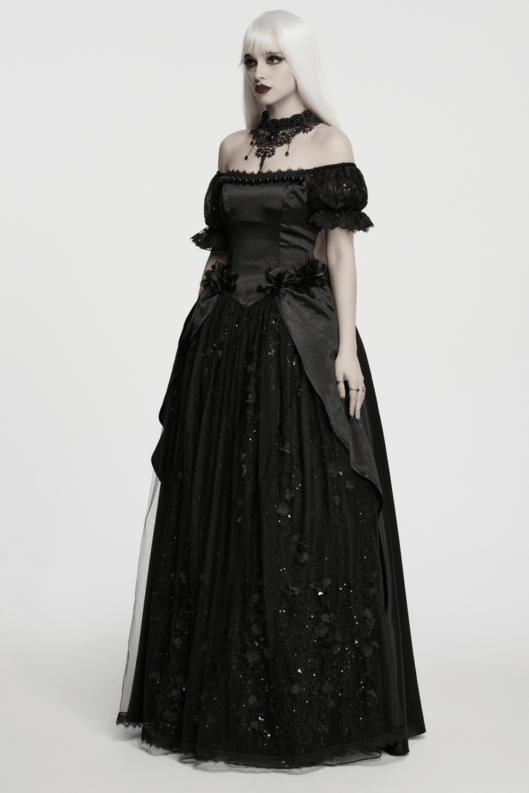 Gothic Black Rose Satin Lace Maxi Evening Dress - image 12