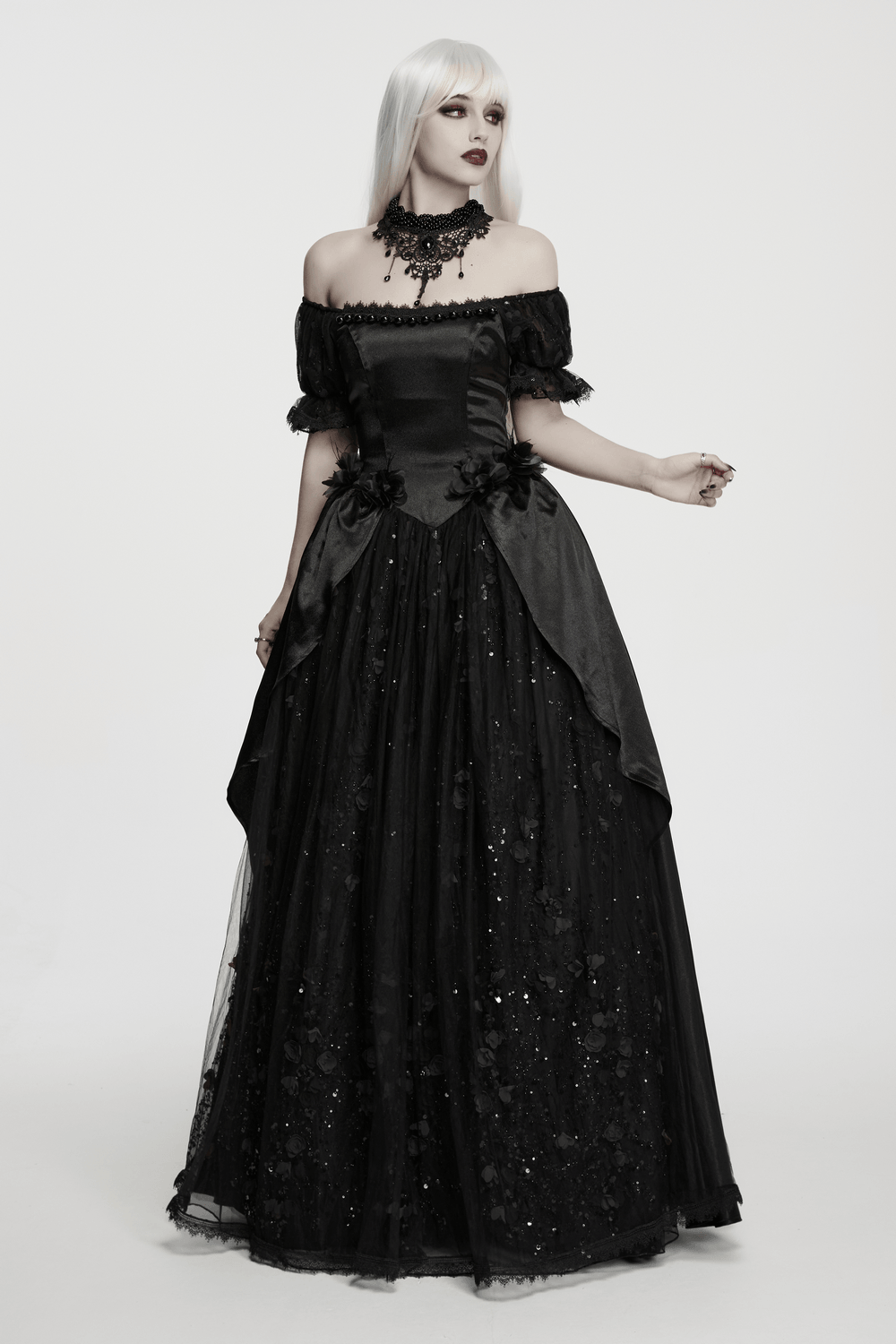 Gothic Black Rose Satin Lace Maxi Evening Dress - image 11