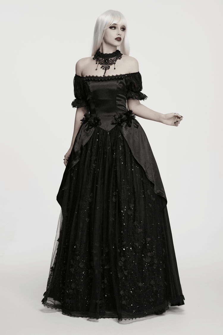 Gothic Black Rose Satin Lace Maxi Evening Dress - image 11