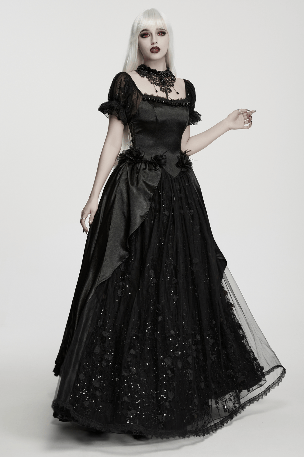 Gothic Black Rose Satin Lace Maxi Evening Dress - image 14