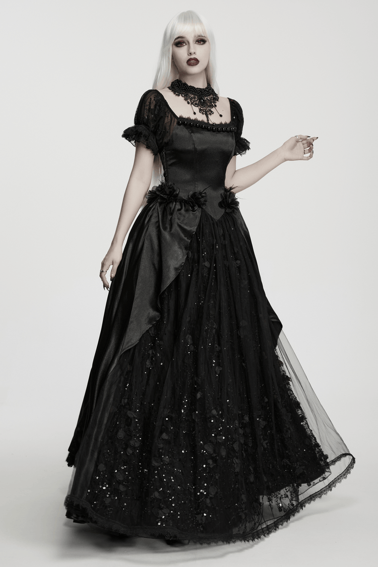 Gothic Black Rose Satin Lace Maxi Evening Dress - image 14