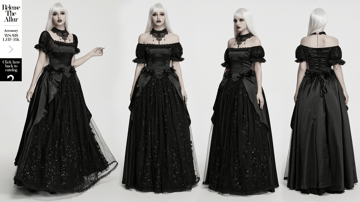 Gothic Black Rose Satin Lace Maxi Evening Dress - image 15