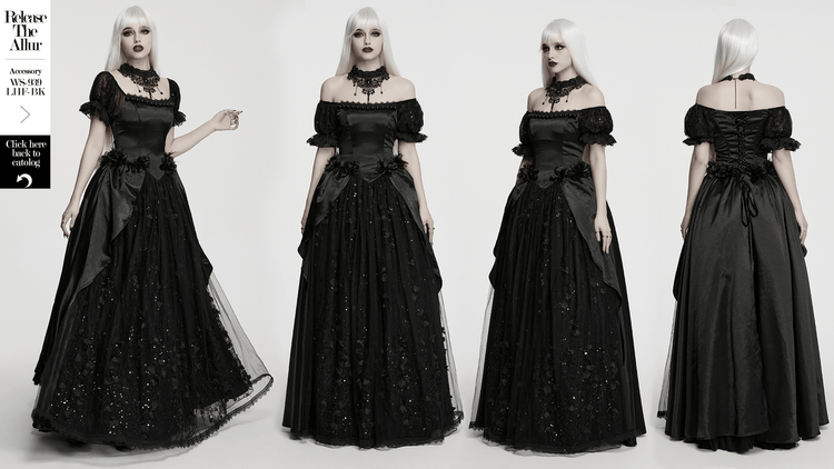 Gothic Black Rose Satin Lace Maxi Evening Dress - image 15