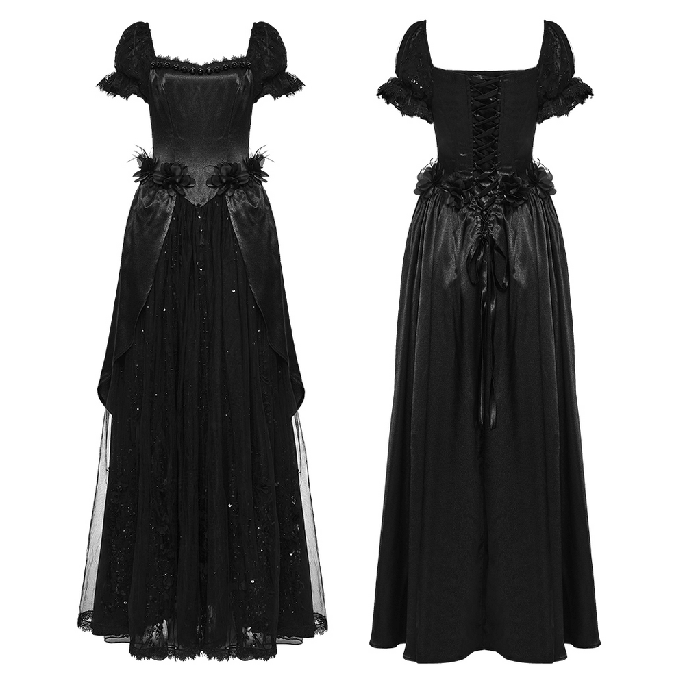 Gothic Black Rose Satin Lace Maxi Evening Dress - image 4