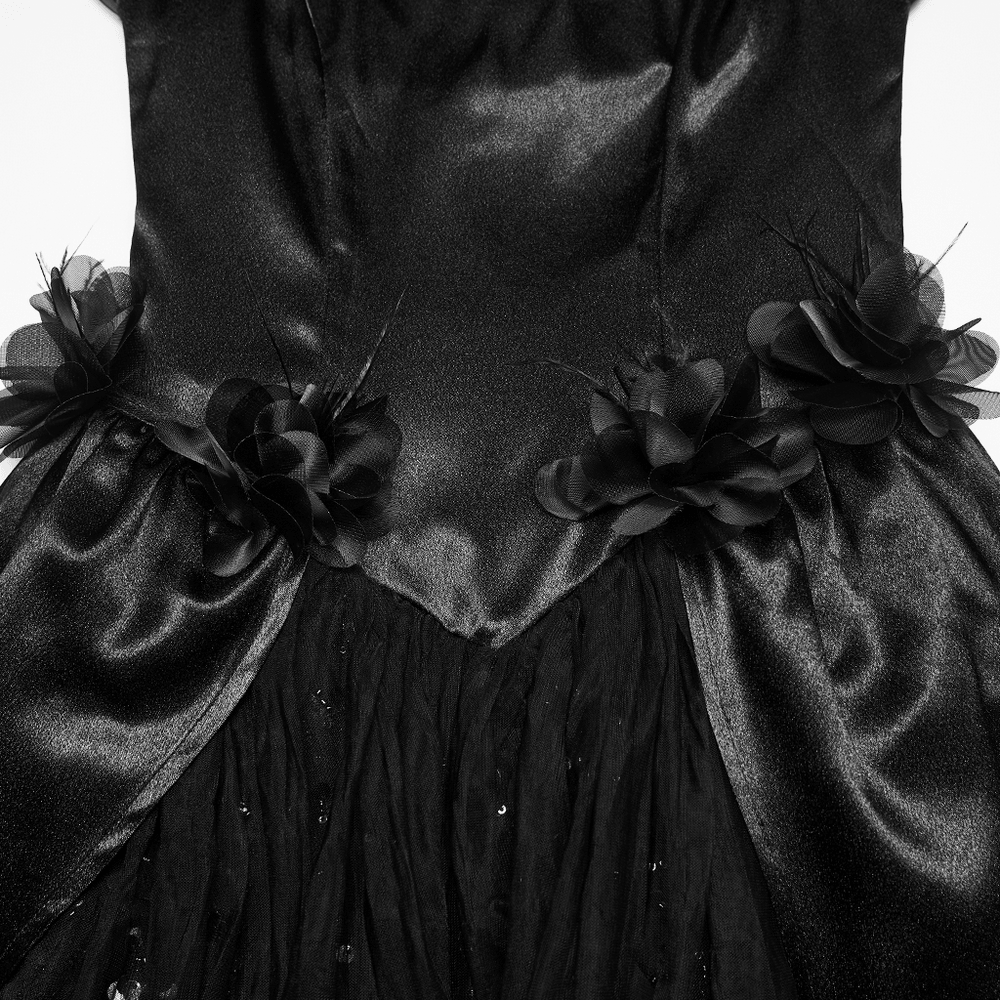 Gothic Black Rose Satin Lace Maxi Evening Dress - image 8