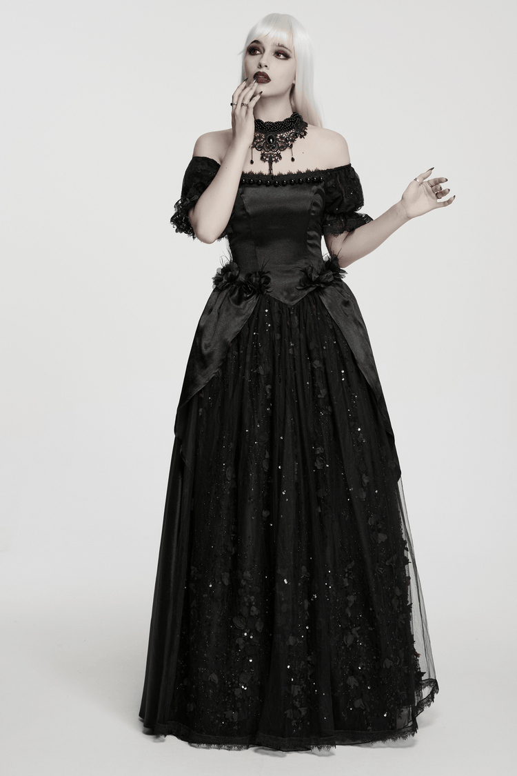 Gothic Black Rose Satin Lace Maxi Evening Dress - image 13