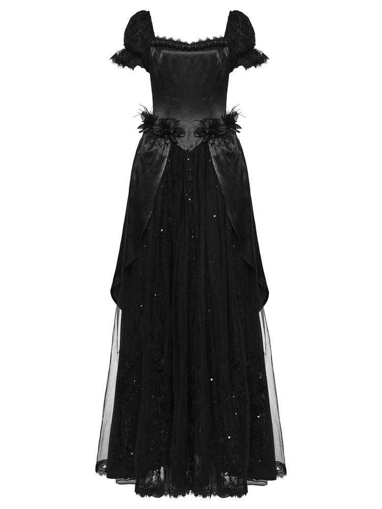 Gothic Black Rose Satin Lace Maxi Evening Dress - image 3