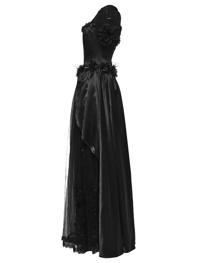 Gothic Black Rose Satin Lace Maxi Evening Dress - image 5