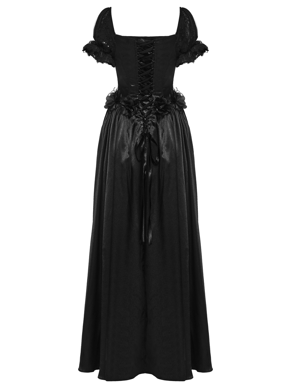 Gothic Black Rose Satin Lace Maxi Evening Dress - image 6