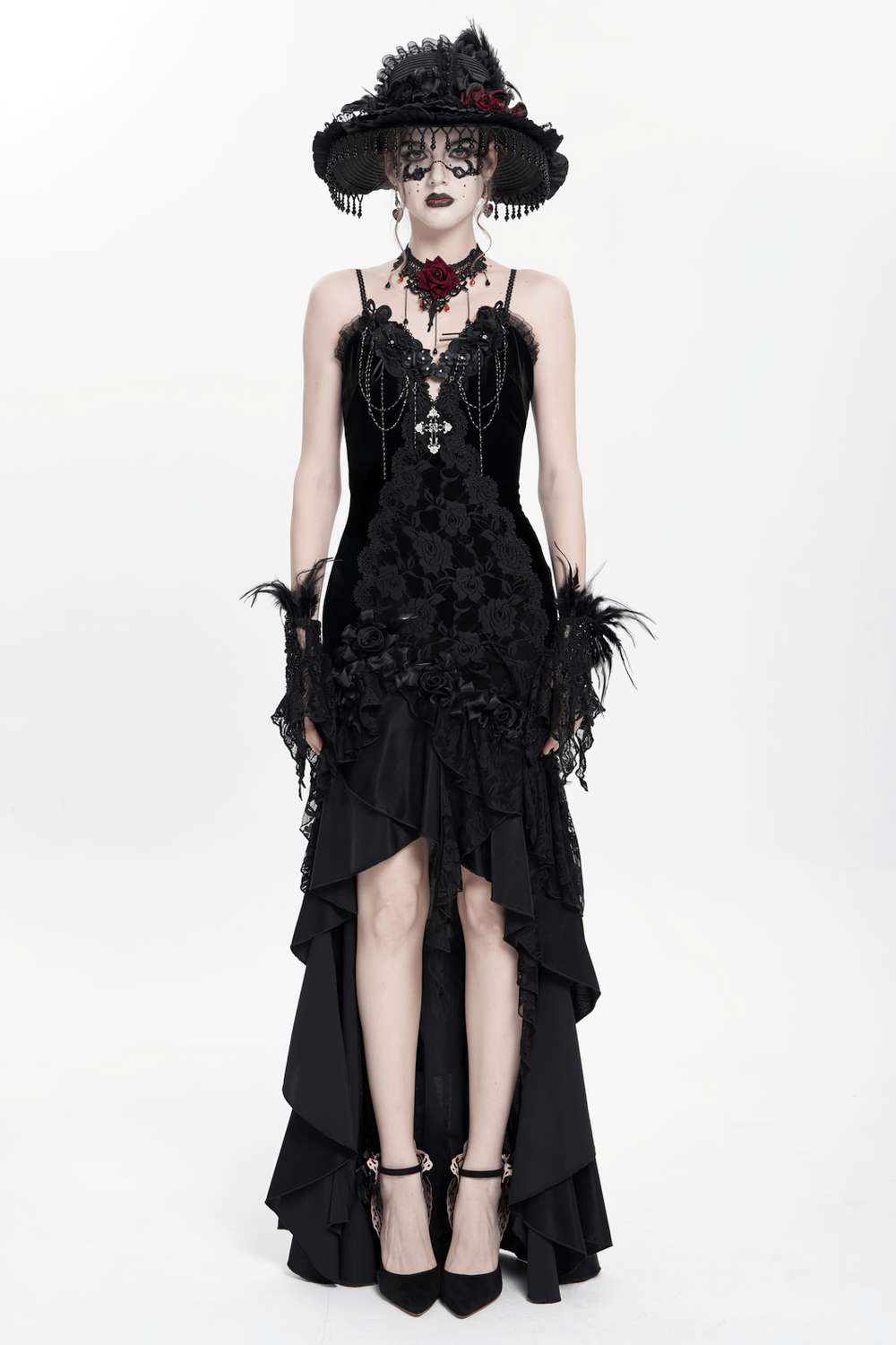 Gothic Black Velvet and Lace High Low Evening Dress - image 15