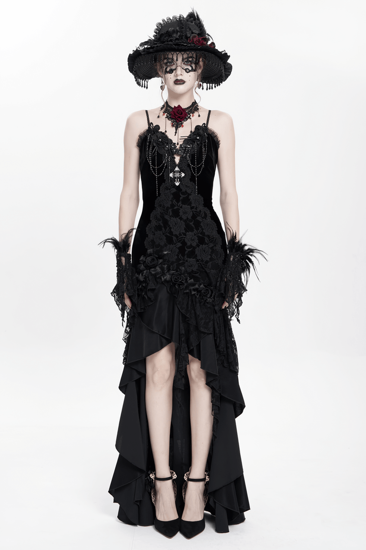 Gothic Black Velvet and Lace High Low Evening Dress - image 15