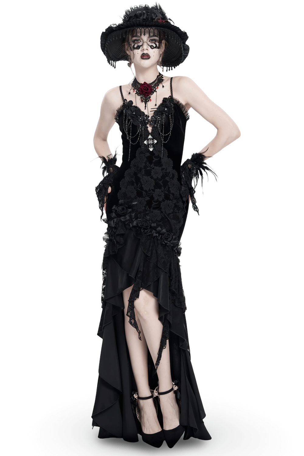 Gothic Black Velvet and Lace High Low Evening Dress - image 1