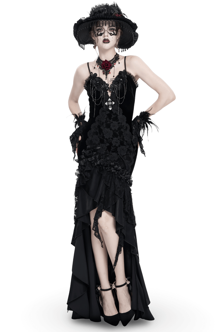 Gothic Black Velvet and Lace High Low Evening Dress - image 1