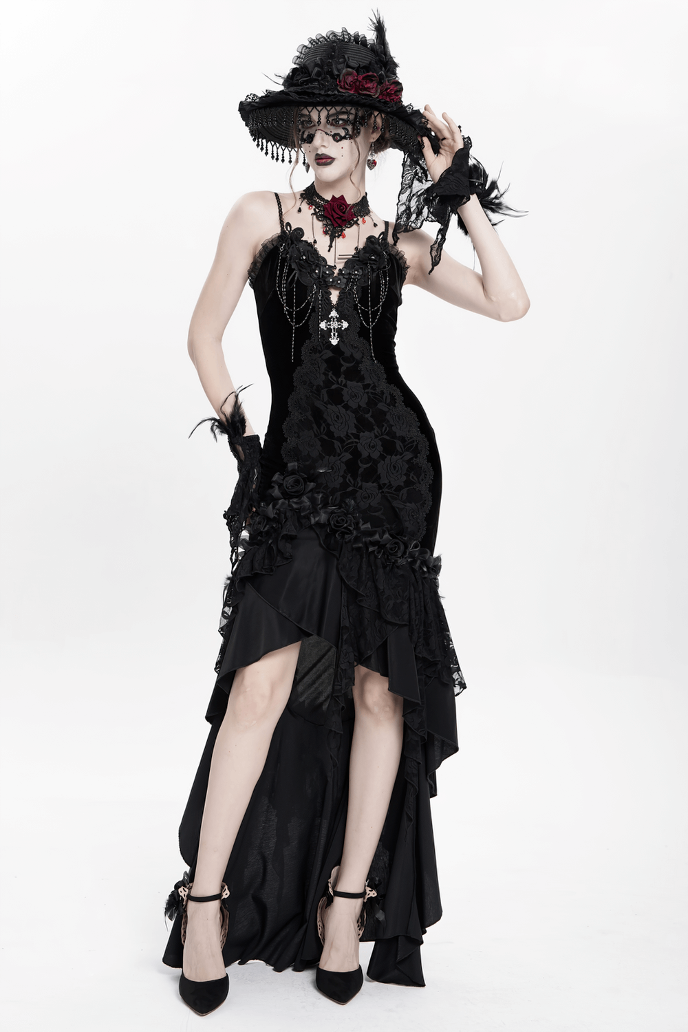 Gothic Black Velvet and Lace High Low Evening Dress - image 17