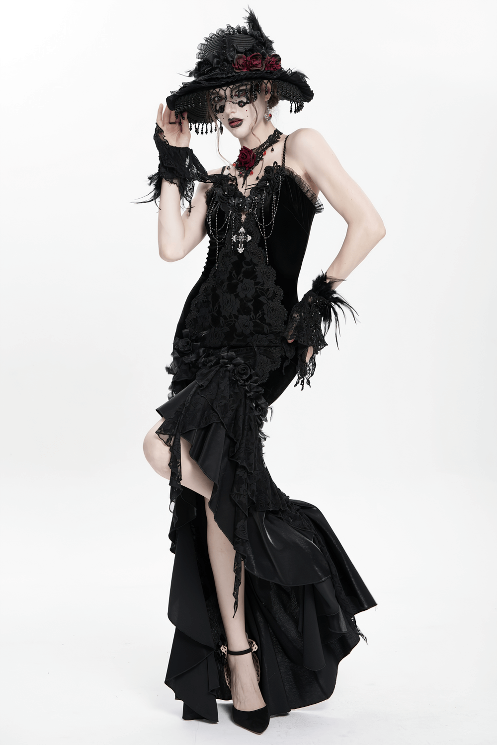 Gothic Black Velvet and Lace High Low Evening Dress - image 16