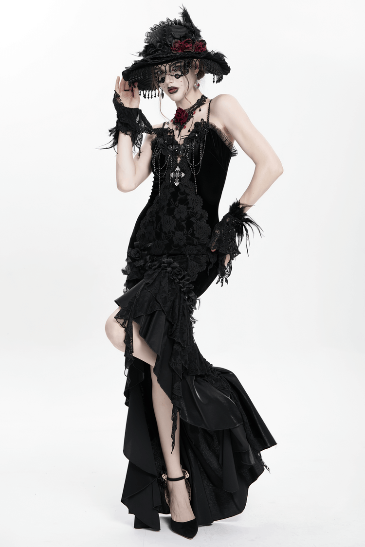 Gothic Black Velvet and Lace High Low Evening Dress - image 16