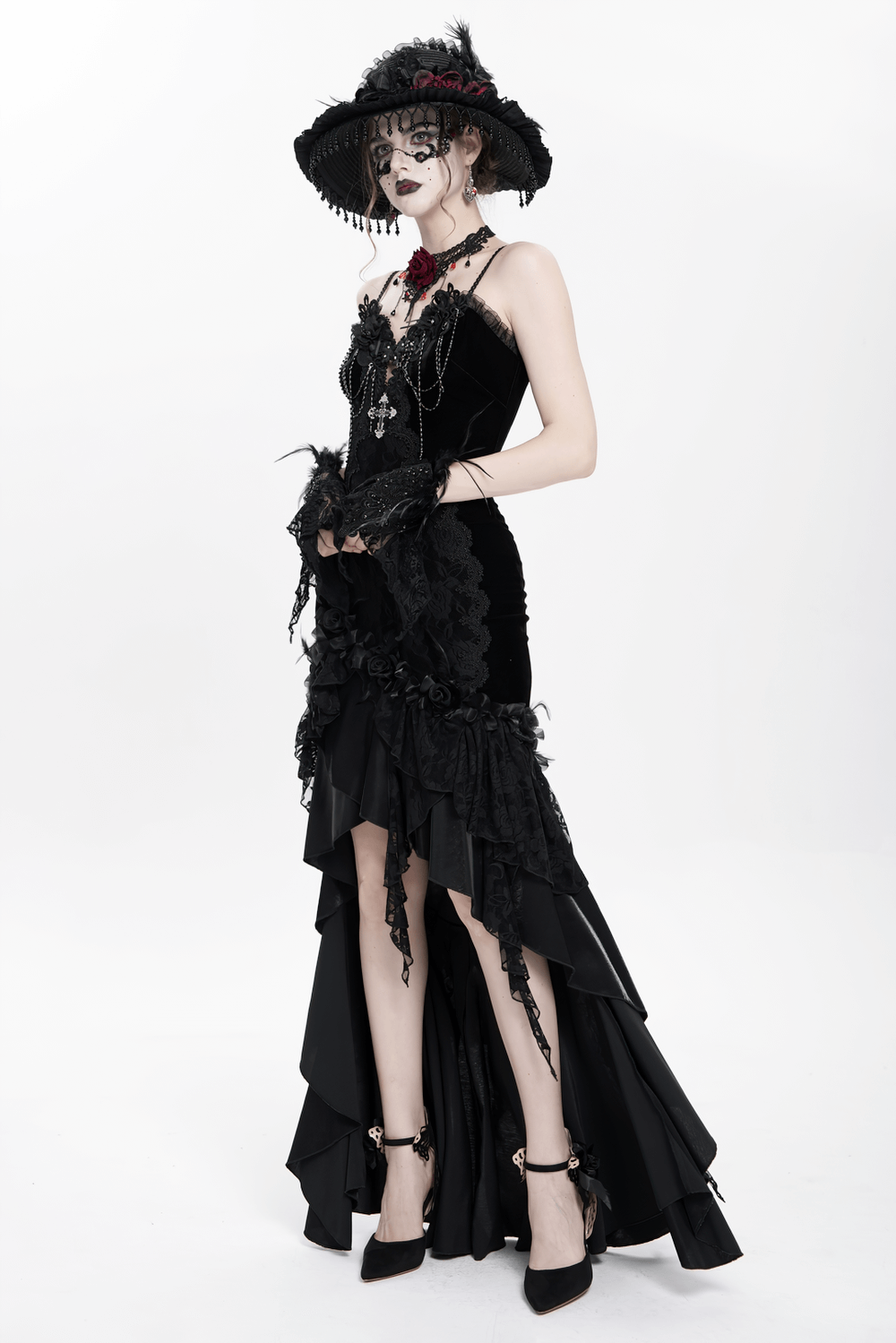 Gothic Black Velvet and Lace High Low Evening Dress - image 18
