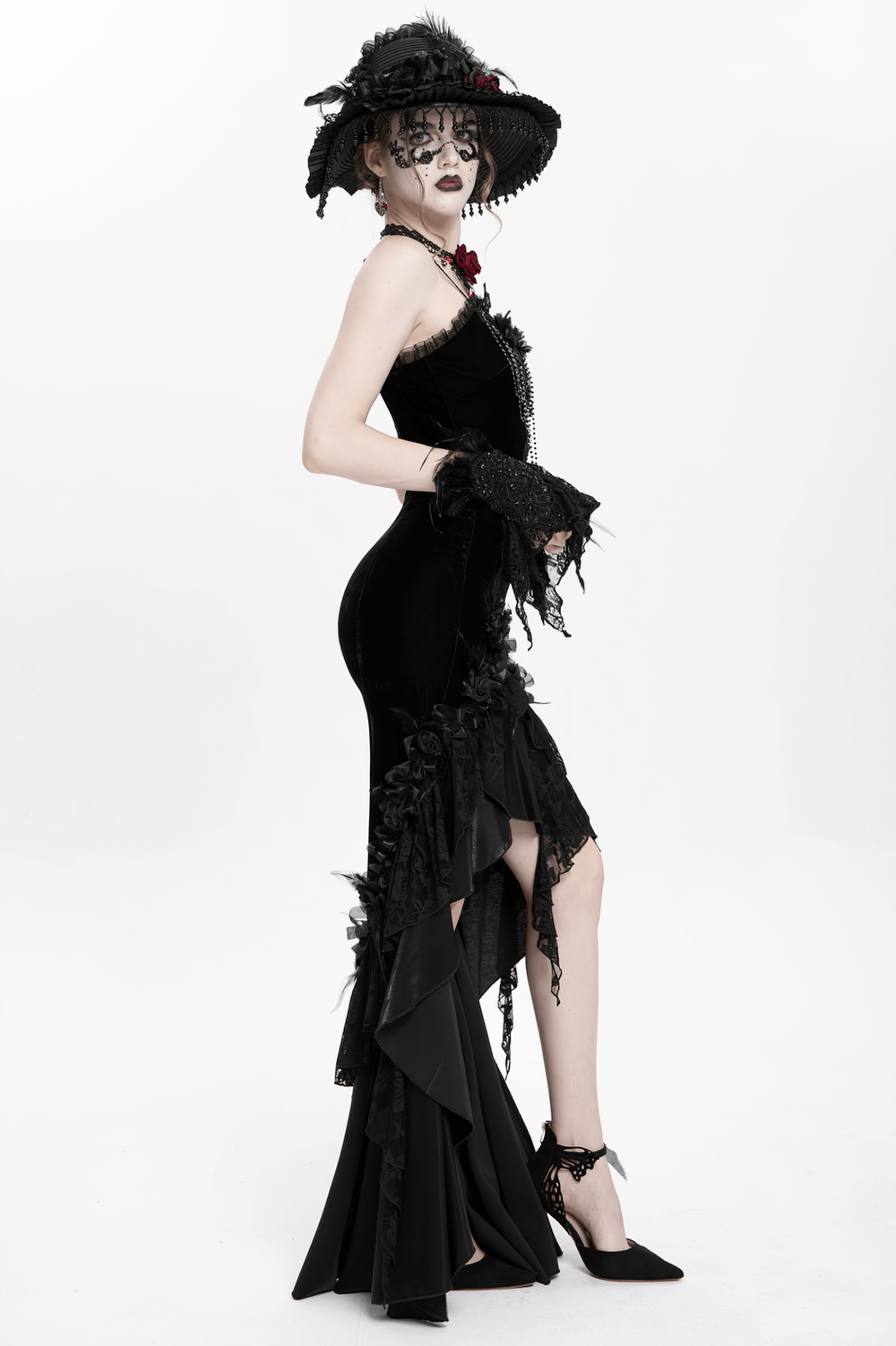 Gothic Black Velvet and Lace High Low Evening Dress - image 19