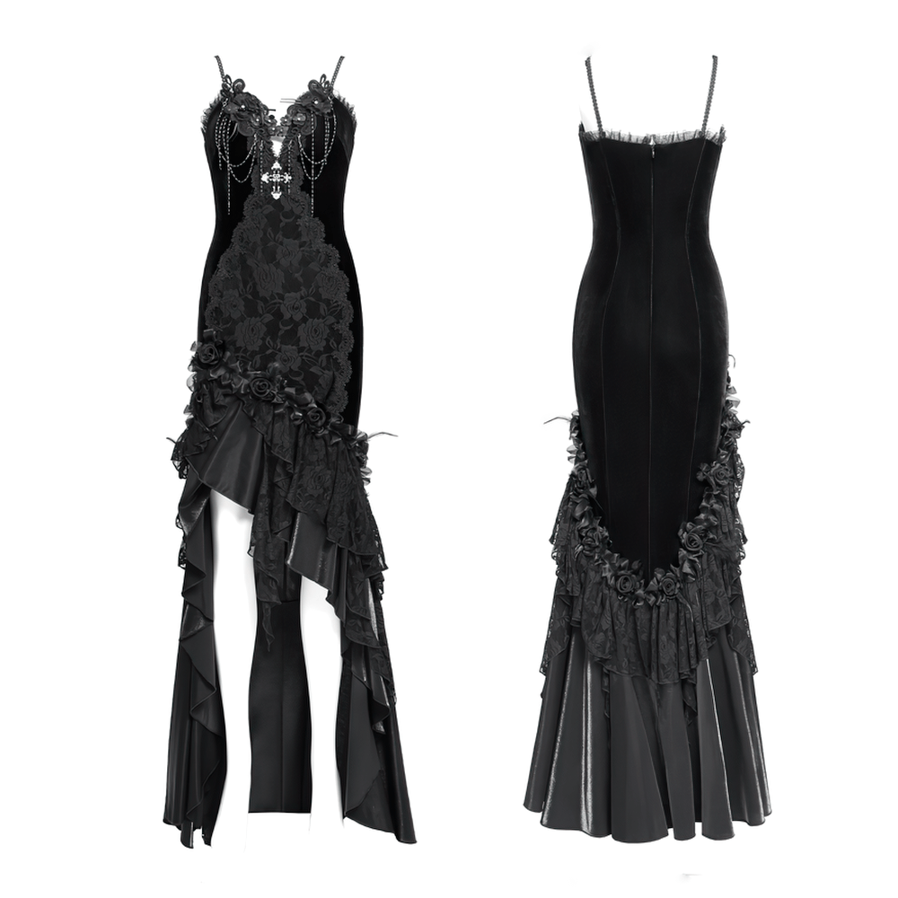 Gothic Black Velvet and Lace High Low Evening Dress - image 3