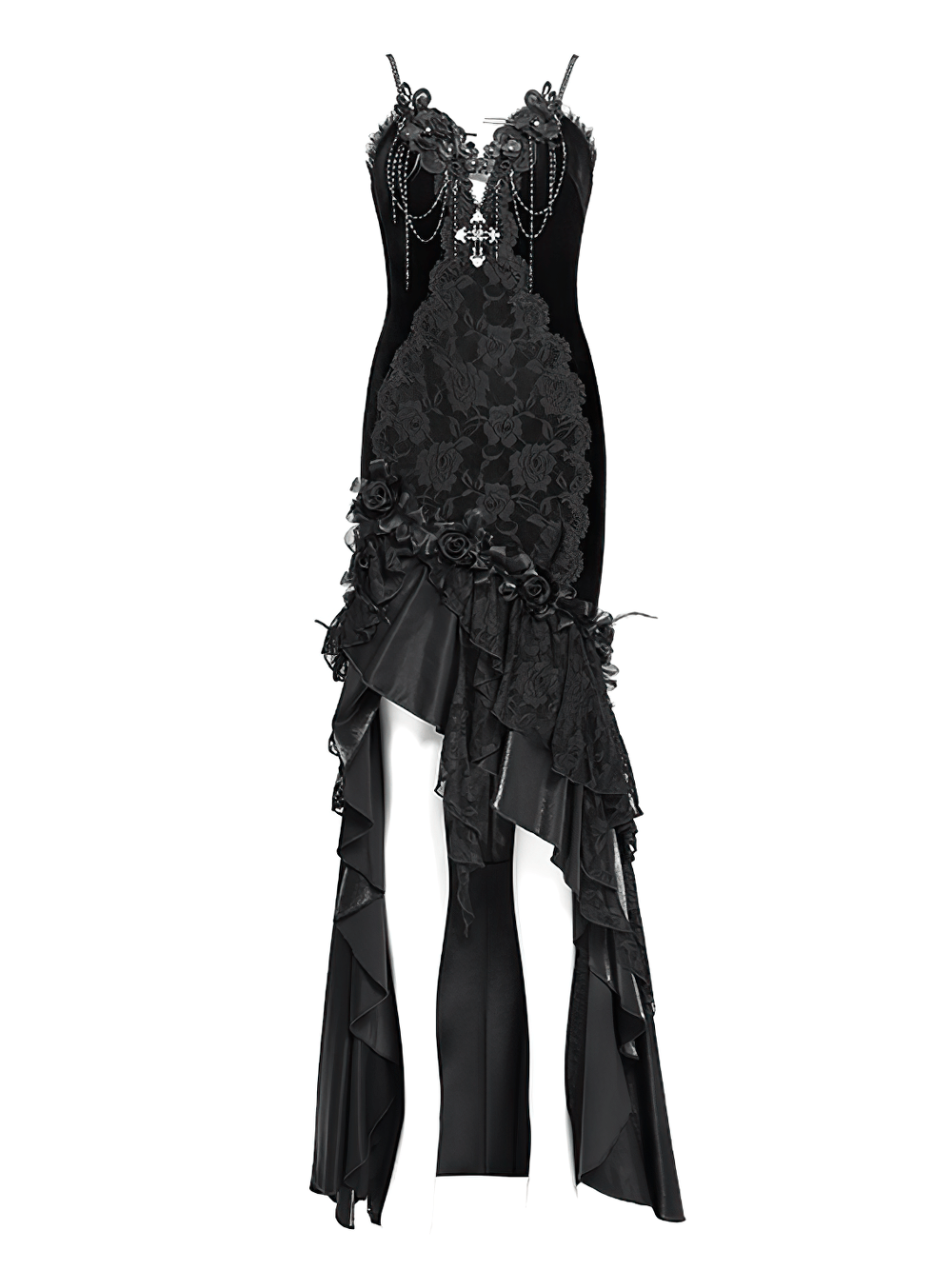 Gothic Black Velvet and Lace High Low Evening Dress - image 4