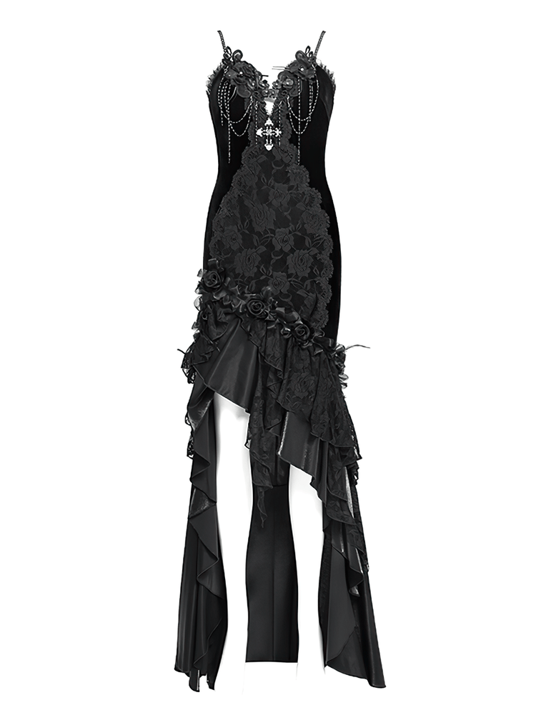Gothic Black Velvet and Lace High Low Evening Dress - image 4