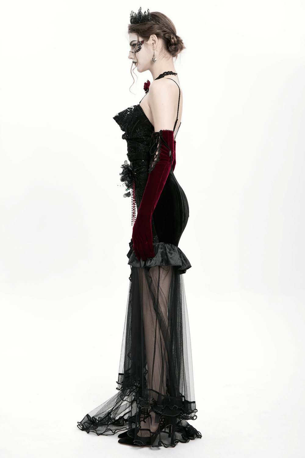 Gothic Black Velvet and Sheer Mesh High-Low Dress - image 23