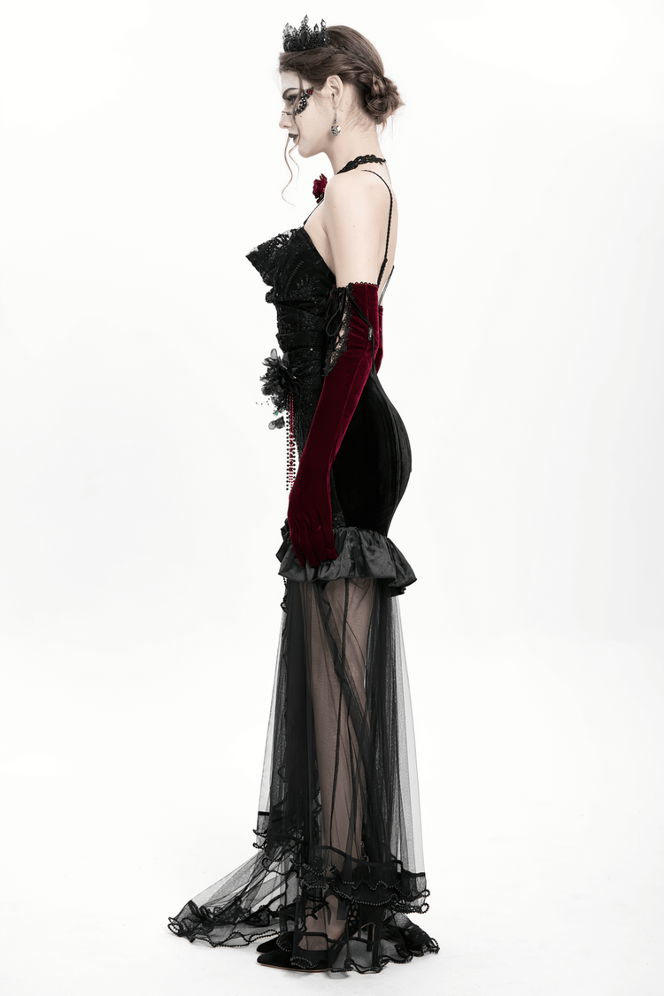 Gothic Black Velvet and Sheer Mesh High-Low Dress - image 23