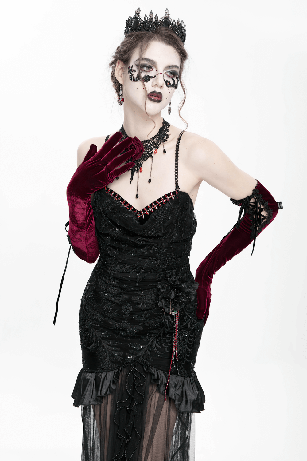 Gothic Black Velvet and Sheer Mesh High-Low Dress - image 15