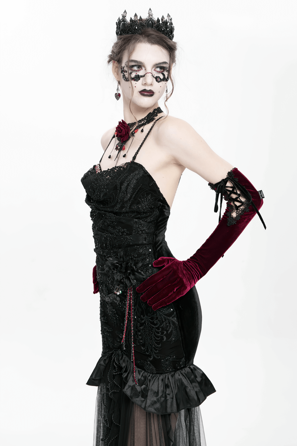 Gothic Black Velvet and Sheer Mesh High-Low Dress - image 18