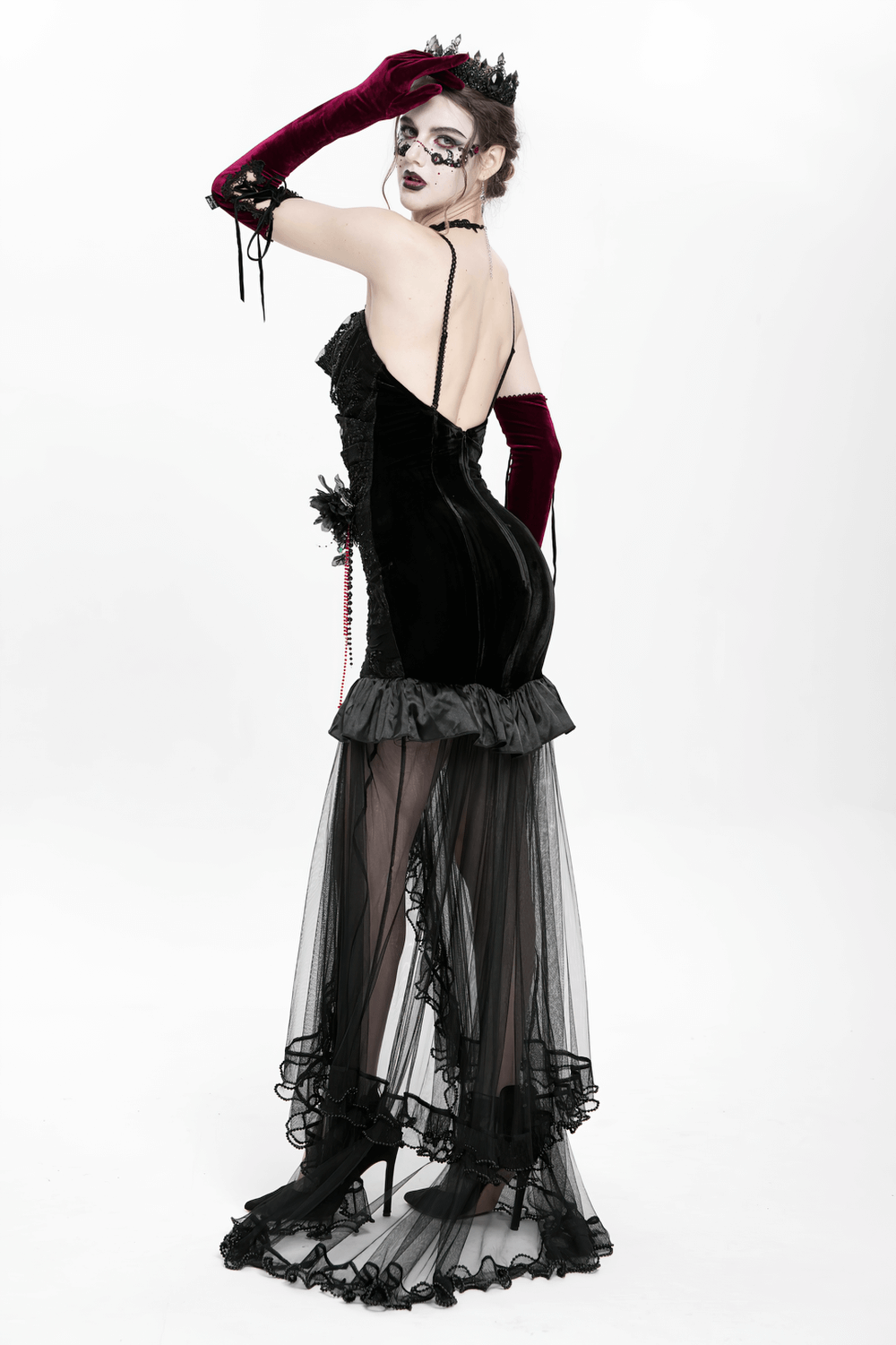 Gothic Black Velvet and Sheer Mesh High-Low Dress - image 21