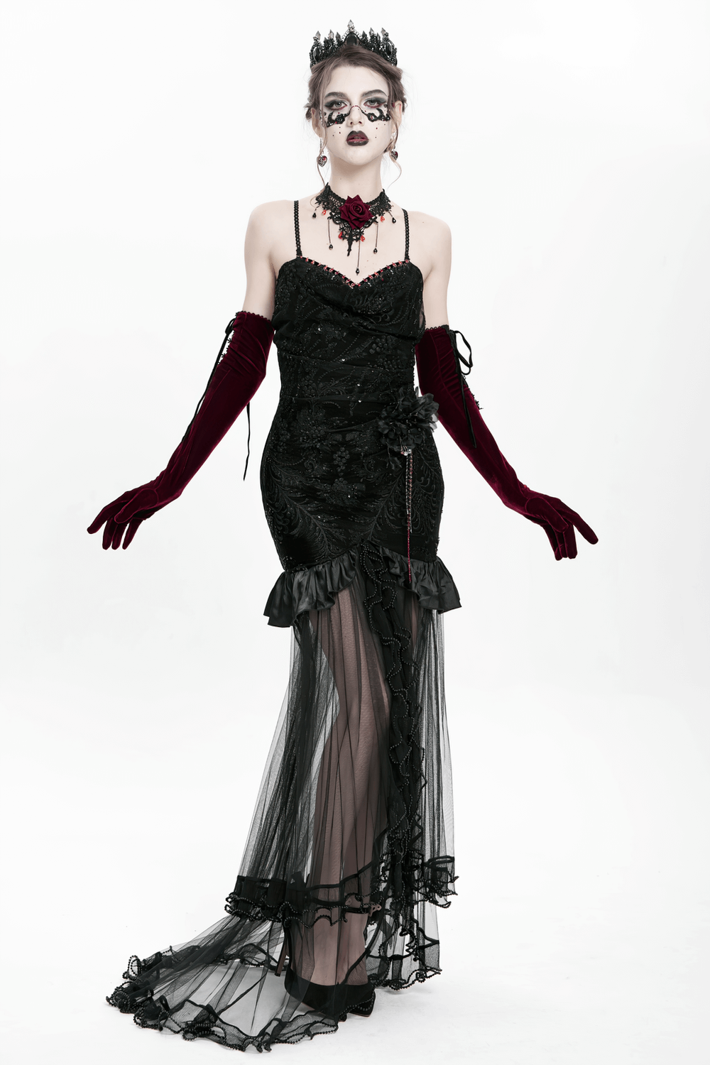Gothic Black Velvet and Sheer Mesh High-Low Dress - image 19