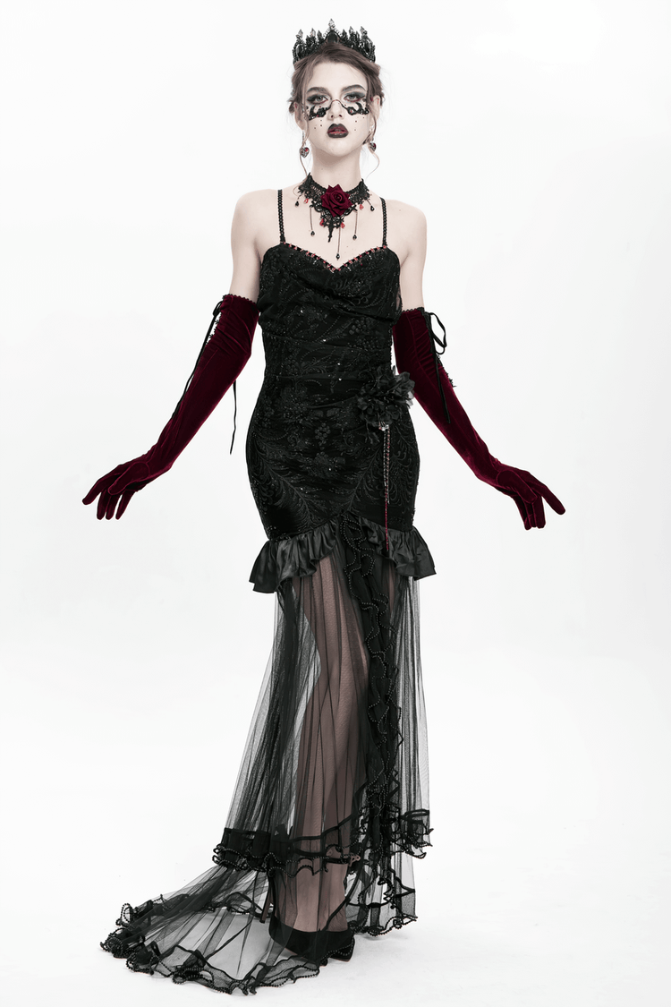 Gothic Black Velvet and Sheer Mesh High-Low Dress - image 19