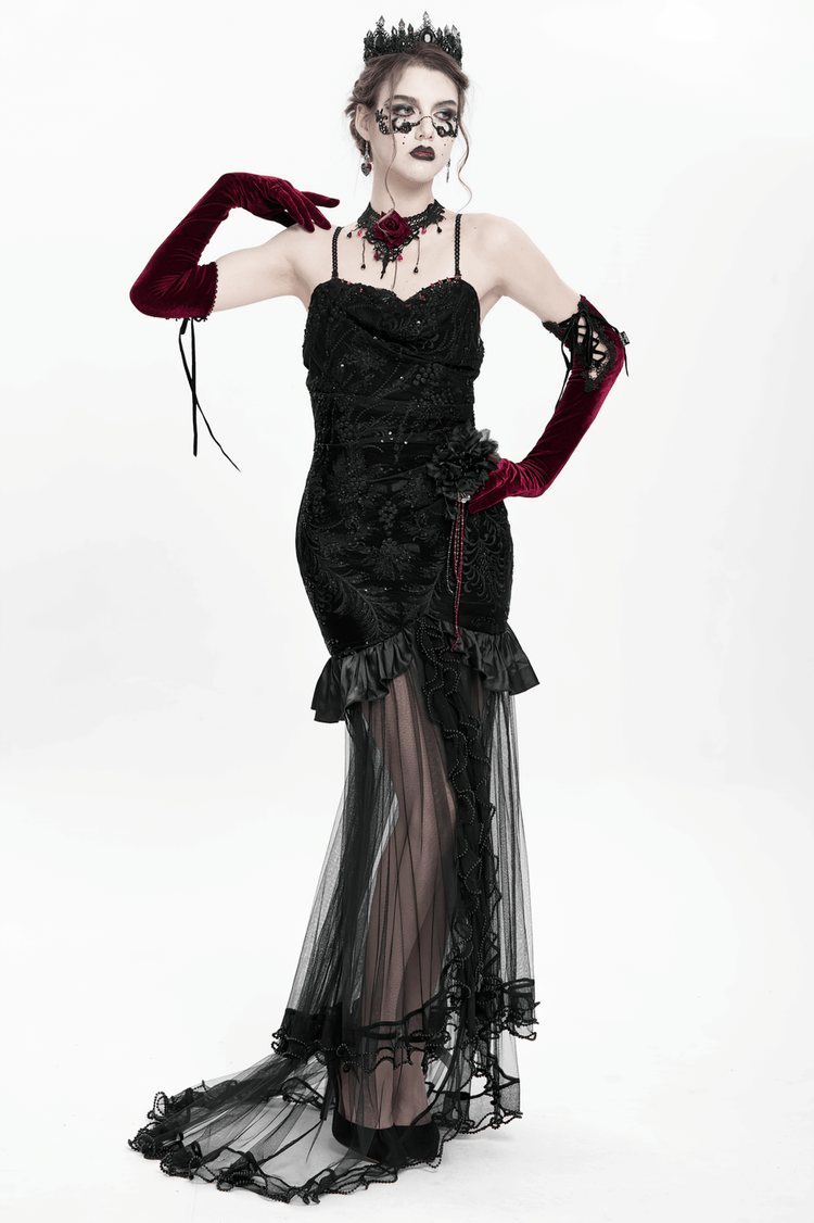 Gothic Black Velvet and Sheer Mesh High-Low Dress - image 20