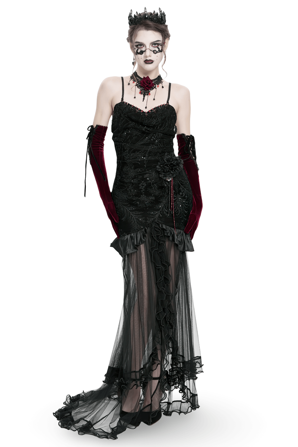 Gothic Black Velvet and Sheer Mesh High-Low Dress - image 1