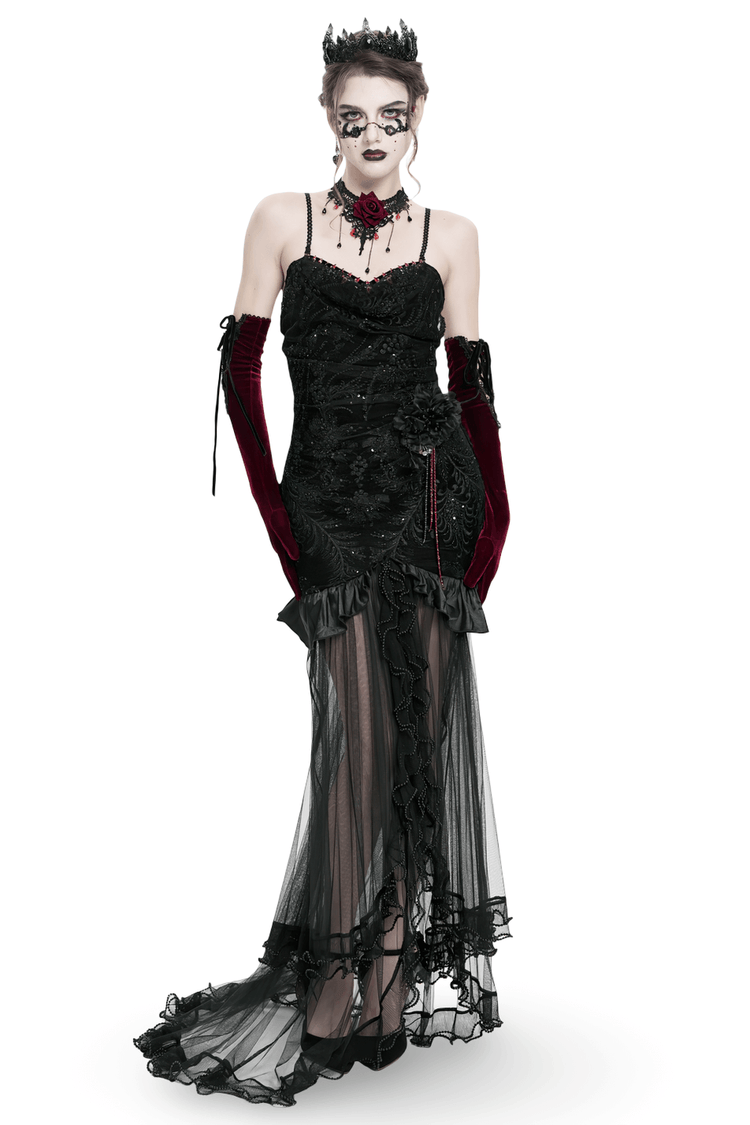Gothic Black Velvet and Sheer Mesh High-Low Dress - image 1