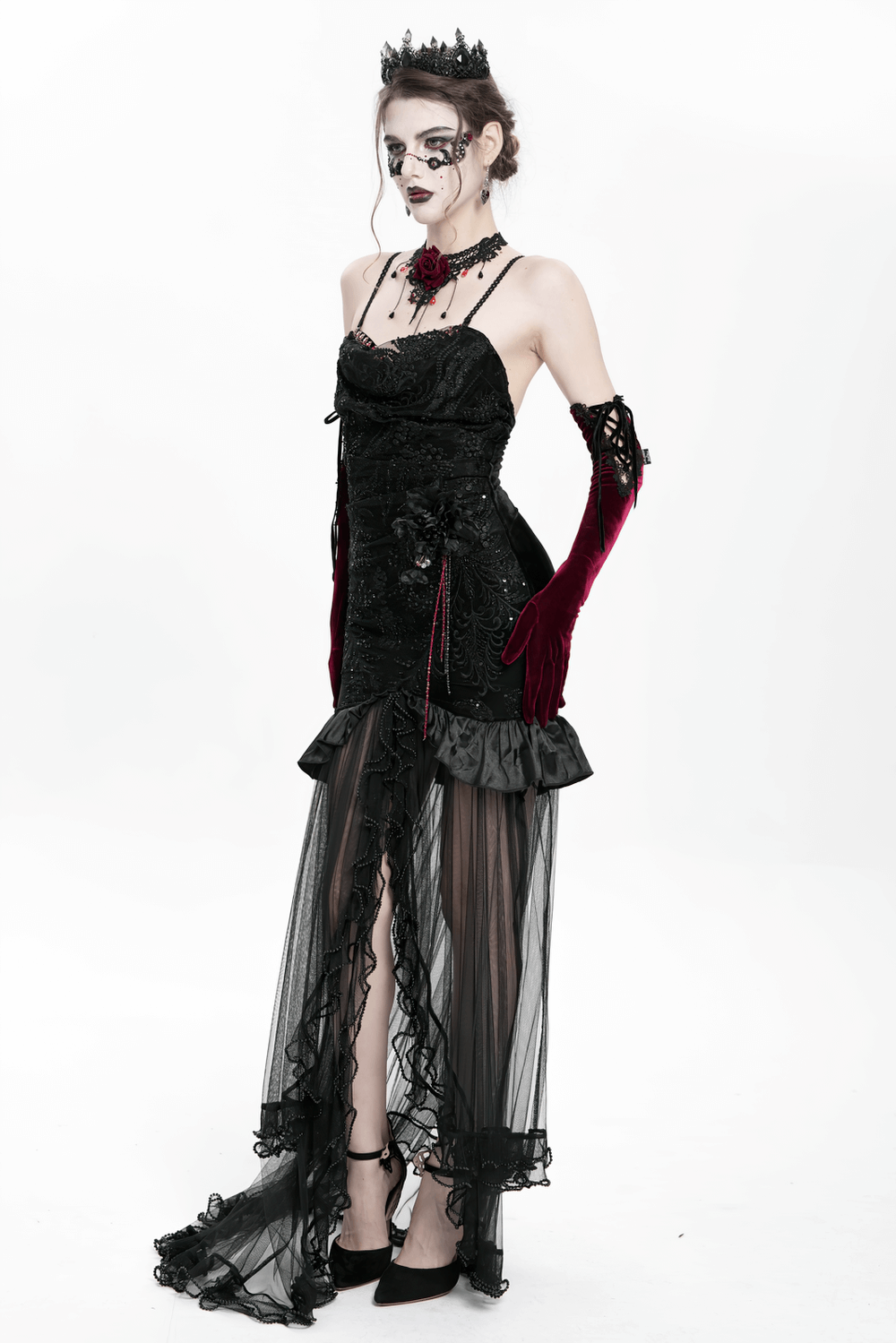 Gothic Black Velvet and Sheer Mesh High-Low Dress - image 22