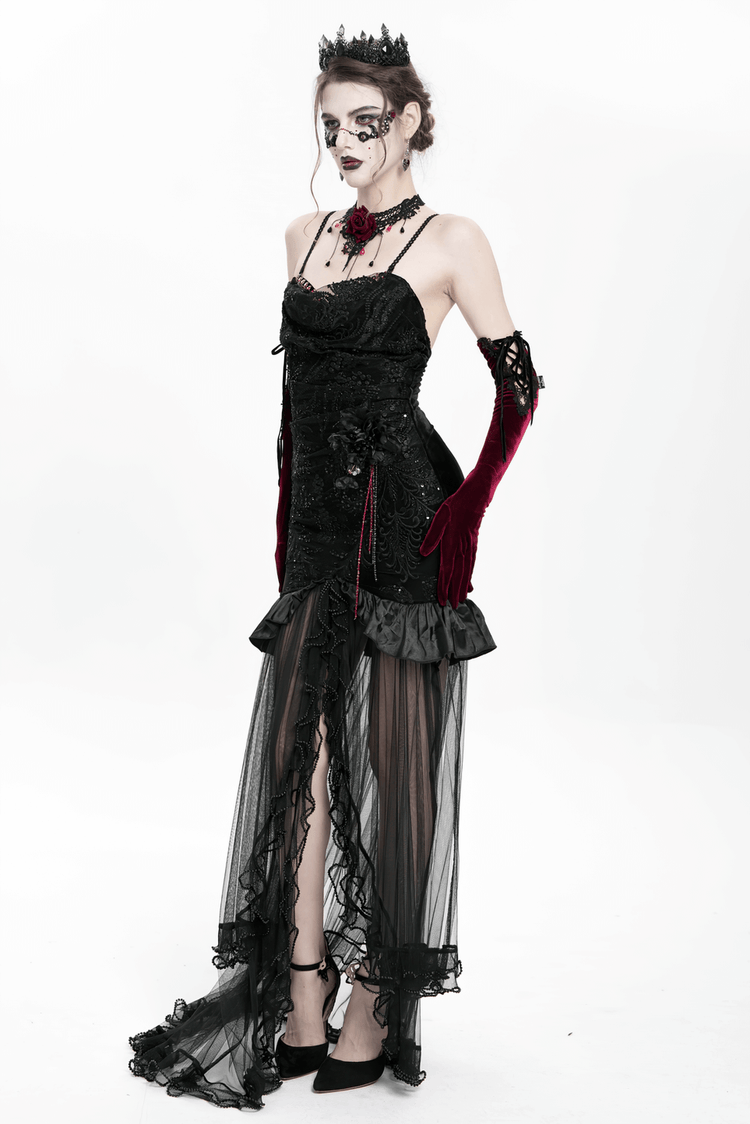 Gothic Black Velvet and Sheer Mesh High-Low Dress - image 22