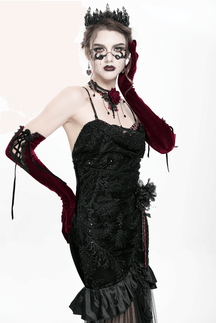 Gothic Black Velvet and Sheer Mesh High-Low Dress - image 17