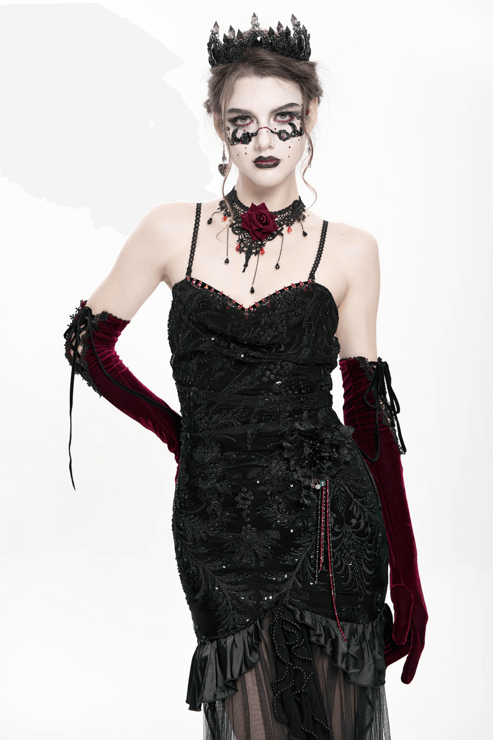 Gothic Black Velvet and Sheer Mesh High-Low Dress - image 16