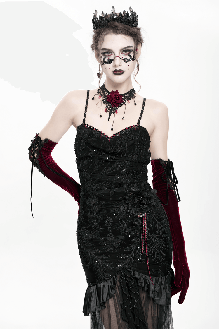 Gothic Black Velvet and Sheer Mesh High-Low Dress - image 16